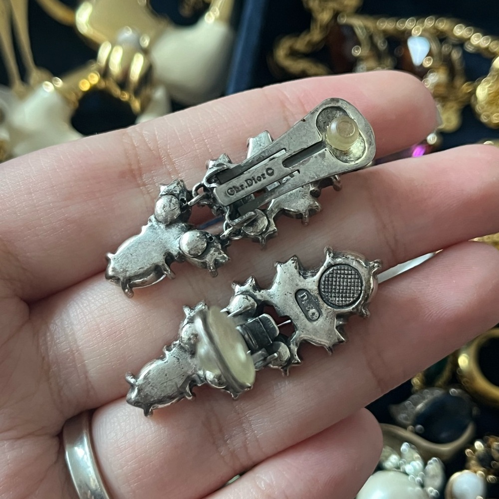 NWT Vintage Christian Dior Marquise Rhinestone Drop Patinated Silver Earrings - Picture 10 of 10